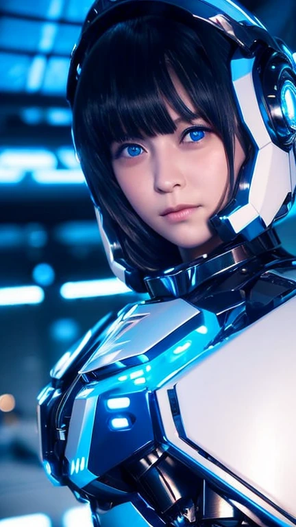 Wide-angle shot, 1 female, Mecha, Glowing blue-black eyes, Very cute face, (Realistic:1.37), バイオMechaニカル, Spaceship interior bokeh background, Ultra-realistic, Very detailed, Very intricate details, Beautiful woman in focus、