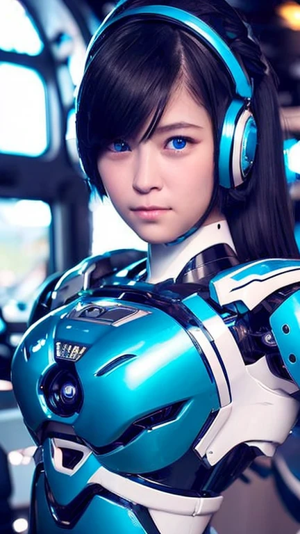 Wide-angle shot, 1 female, Mecha, Glowing blue-black eyes, Very cute face, (Realistic:1.37), バイオMechaニカル, Spaceship interior bokeh background, Ultra-realistic, Very detailed, Very intricate details, Beautiful woman in focus、