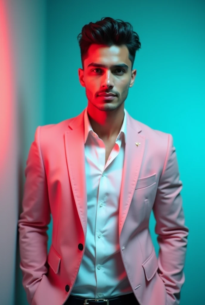 A young man with dark stylish hair and a confident look. He is dressed in a pink blazer over a white shirt. The man is positioned against aqua colour backdrop with a subtle red lighting on the left side. and he posing for skype profile