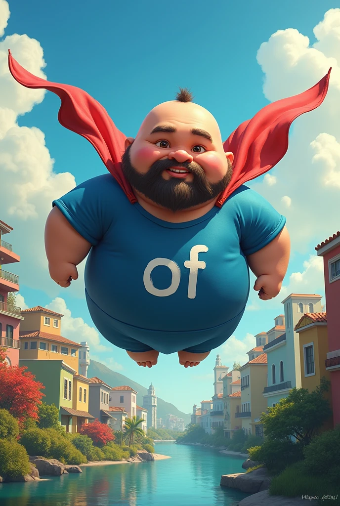 Create the image of a riverside superhero with a big belly, blue dress written "Of", bald and with a very short beard, flying over the city of Una in Bahia