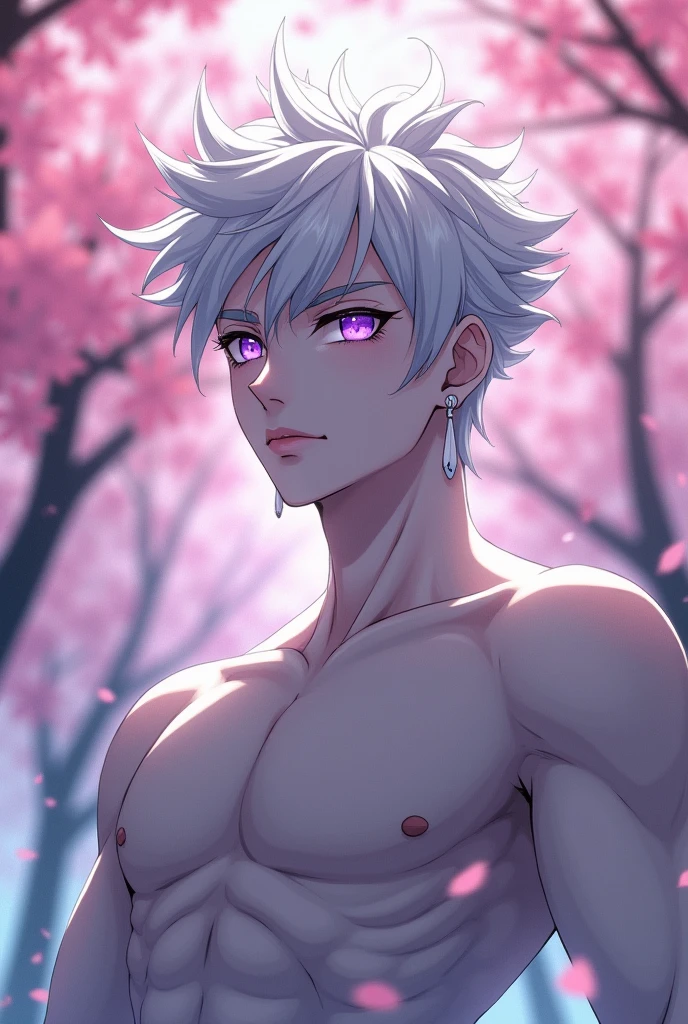anime character, White hair, spiky hair, Pale skin, purple eyes, Long white eyelashes, male, muscular, white small earrings, big glossy lips, cherry blossom trees,