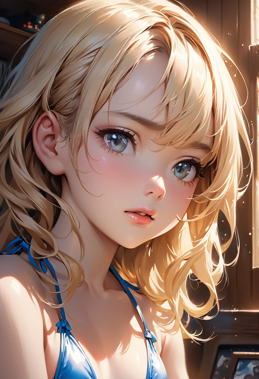 Close up portrait, stunning realistic detail, Cute young woman in her cozy room, photo realistic lighting, (((mini swimsuit))), (blonde), (American), ((())), ((Anime illustration)) ((Incarnate detail)) ((Masterpiece)) ((Highest quality))