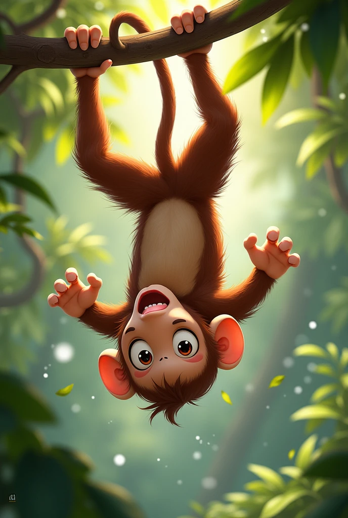 **A monkey hanging upside down, excitedly planning games.**