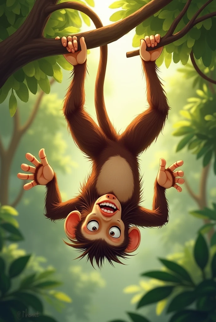 **A monkey hanging upside down, excitedly planning games.**