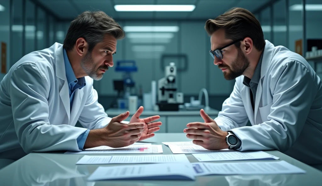 A doctor and lab technician in a serious discussion, possibly with the lab report and evidence spread out on a table. Their expressions should convey tension and determination.