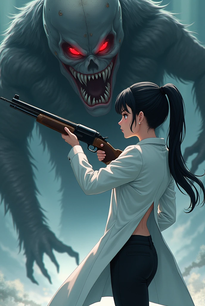 (ponytail forehead hair pulled back:1.3) (black hair:1.3), a woman in a white labcoat and black pants holding shotgun, staring at insanely creepy monster with, anime style, from girls frontline, fine details. girls frontline, girls frontline universe, girls frontline style, girls frontline, girls frontline cg, soft anime illustration, 2 0 2 2 anime style, 2022 anime style, pixiv contest winner, pretty anime character design, render of april