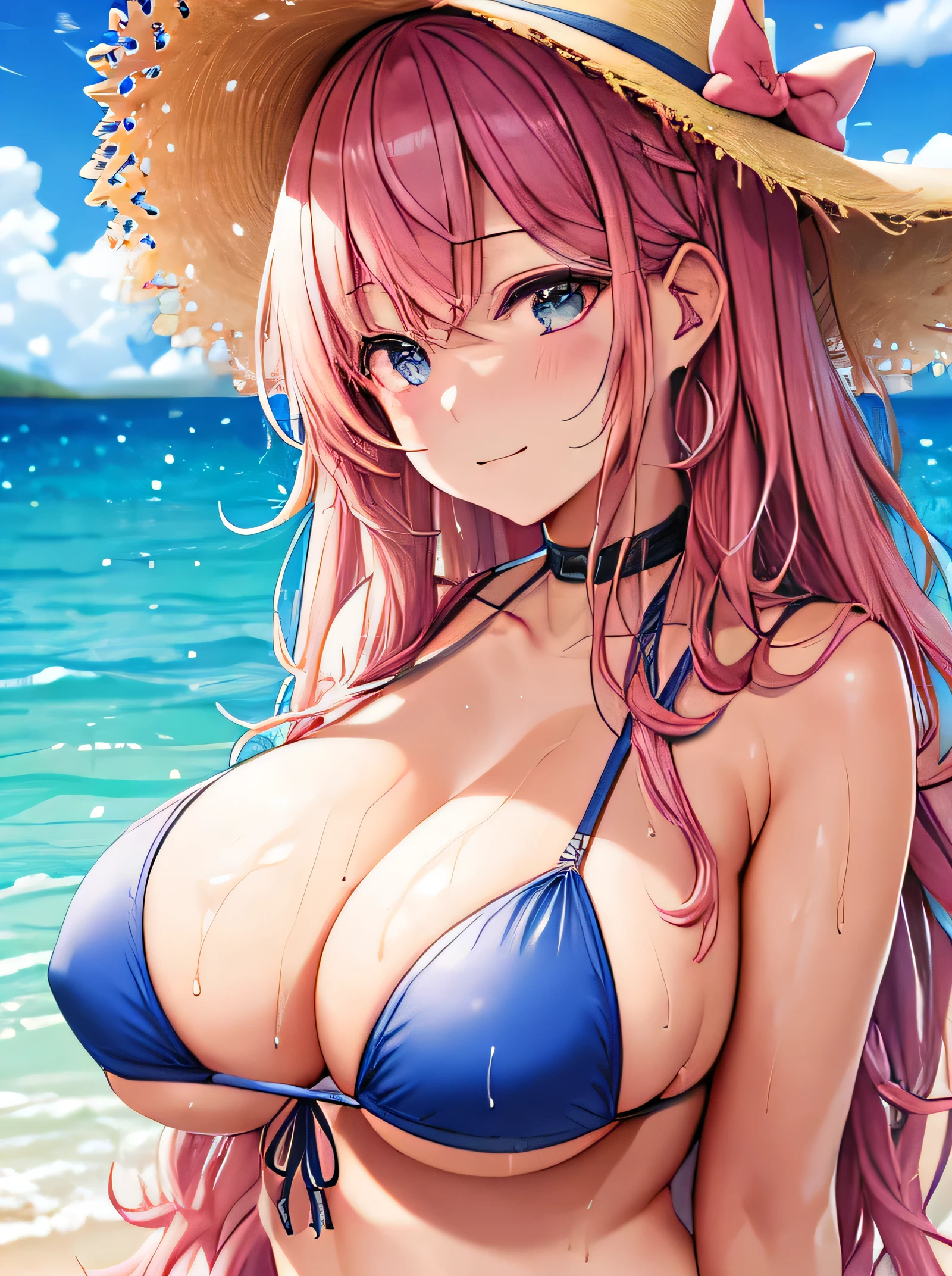 large boob, bikini, wet, wet shirt, cute face, summer, long hair, no hat, pink hair, girl, sweaty, 1, blue ocean
