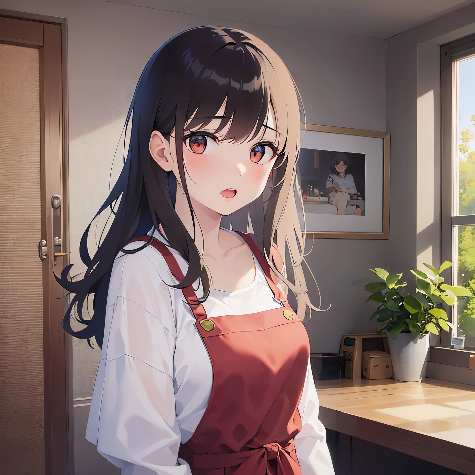 look back, Upper Body, Realistic, real person, (pale skin: 1.2), RAW photo, photorealistic, shiny skin, shiny hair、(A 2 woman with medium-length hair and bangs) and (wavy hair) and (brown hair) and (orange eyes) , White T-shirt 、Red Apron、open mouth, sad, (blush:1.3), The background is the living room、Alone、Are standing