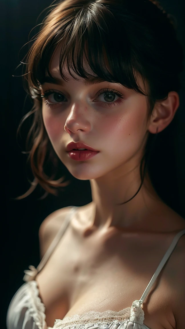 masterpiece, best quality, (dark photo:1.3), photorealistic, 1girl in a lace cami, flat bangs, stunning innocent symmetry face, emotional, ulzzang, (PureErosFace_V1:0.7)