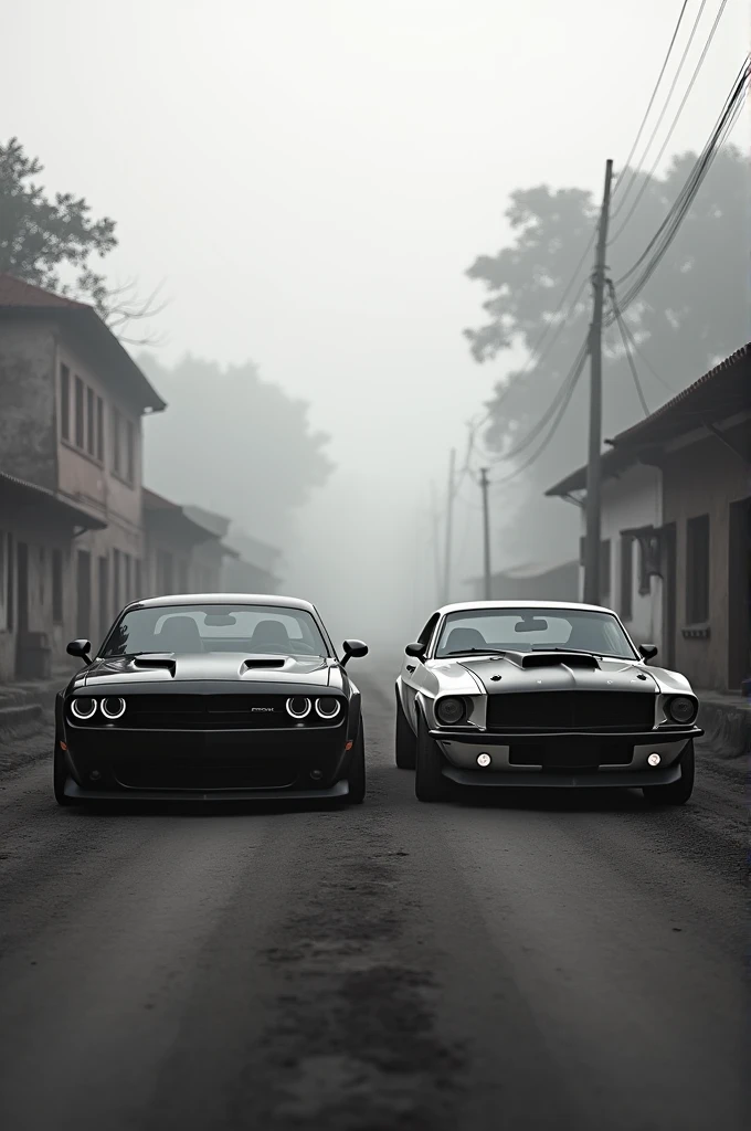 Dodge challenger and old mustang fully modified in black and white colour mix repping together and old indian village in full foggy weather