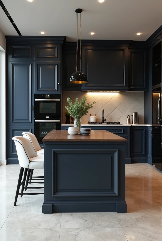 Professional 3d architecture rendering design of modern kitchen with So dark blue vintage and dark gray and white modern white French design chairs shiny black wooden island island