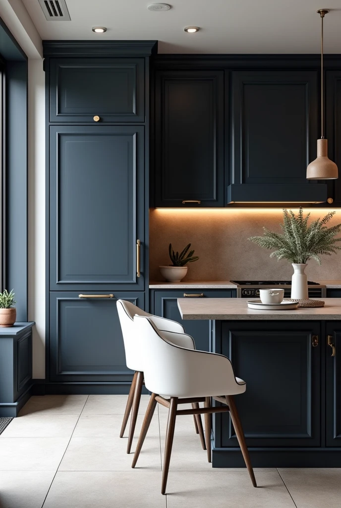 Professional 3d architecture rendering design of modern kitchen with So dark blue vintage and dark gray and white modern white French design chairs shiny black wooden island island
