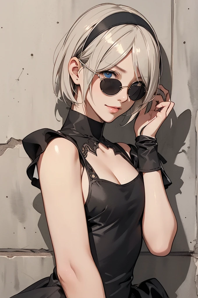 {(masterpiece,best quality, 16K illustration, UHD, extremely detailed the work, detailed beautiful face and eyes and skin and hair)}
BREAK {erotic face,looking away,enchanting smile,cowboy-shot}
BREAK {solo, (2B of Nier-Automa:1.4)), (perfect female body,small breasts),(lightbrown_lightwhite colored hair:1.4, short cut hair), (medium mouth:1.2),(narrow and sharp eyes:1.4,blue-glay eyes,sparkling eyes:1.1)
BREAK {(Nier-Automata-2B costume:1.2),(cleavage between breasts:1.2),(black hairband:1.4)}
BREAK {(small-diameter round red-lens-sunglasses:1.4),(hand on sunglasses:1.4)}
BREAK {(Part of the stucco wall is brick:1.2),(cast a shadow on the wall:1.2),bullet holes in the wall}
BREAK,{(anime illustration style:1),(watercolor image:1.2),(sketch drawing),overall dark color}