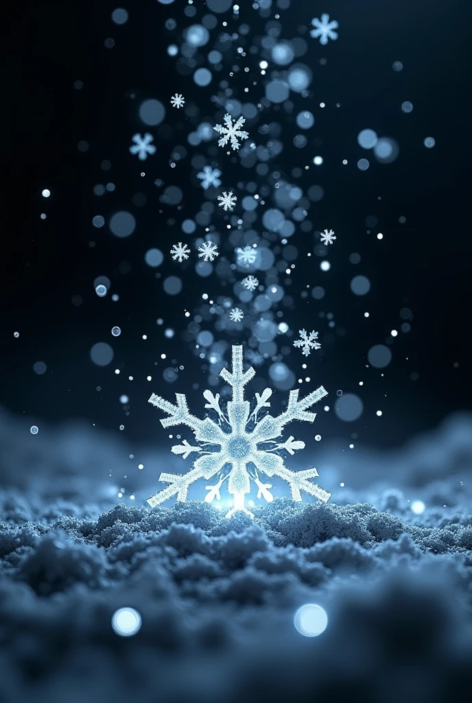long shot, Surreal Snowflakes, Small snowflakes, Sharp snowflakes, Faintly glowing snowflakes, White sparkling snowflakes, (A lot of snowflakes, High density snowflakes), Snowflakes rising from the ground, Countless snowflakes spreading across the sky, Pitch black background