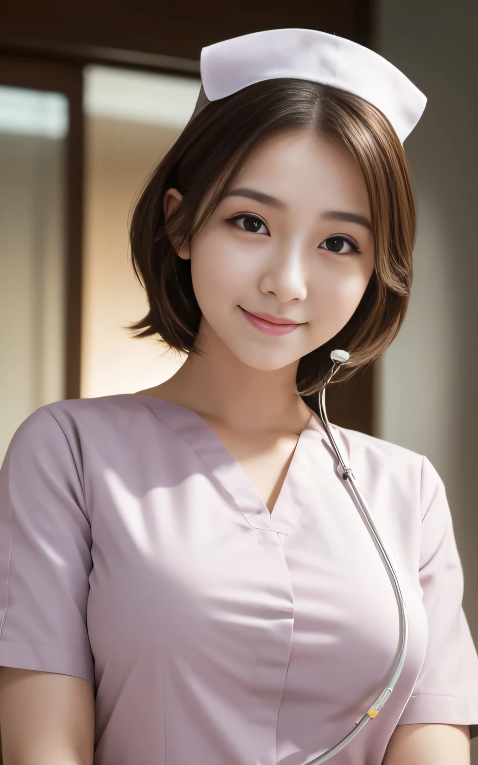 Beauty, high quality, Complete, In detail, High resolution, 8k wallpaper, whole body, Perfect dynamic composition, Beautiful attention to detail, Random poses, Charm, Alluring, 20 year's old, round face, (((nurse))), hospital , single hair , seductive smile ,bare breasts