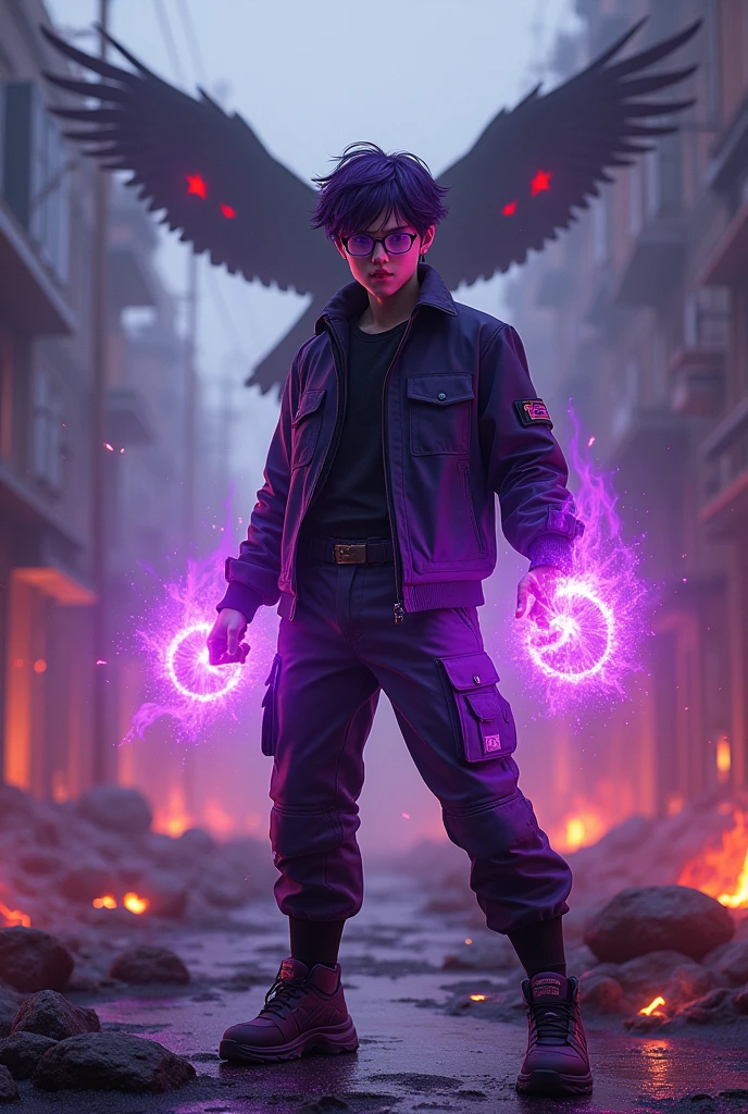 a man real teenage chinese man.(purple glasses) sharp eyes. Anger face. Open mouth. . wearing an (dark purple )((future shirt cyberpunk dress urple)) . anger face.wavy hairstyle purple. Dramatic.. stand on lava ,(dark purple)street wear .cargo pant,, detailed face, cinematic lighting, dramatic atmosphere,.hot day. vibrant colors, 8k, high quality, photorealistic. Hero suit.shadow power dark power from his hand. Glowing magic element shadow elment from hand, ember everywhere . Glowing dark purple, shadow logo design on pant . Very strong. Future design dress. Very epic. Very hot background.. dark sky. Very strong . fire very strong . Flying burn dry leave everywhere..Shadow Imitation sharp shape power from hand .rasengan . at volcano Damage building. Floating small rock everywhere. Shadow Imitation Technique.(( shadow eagle background red eyes))