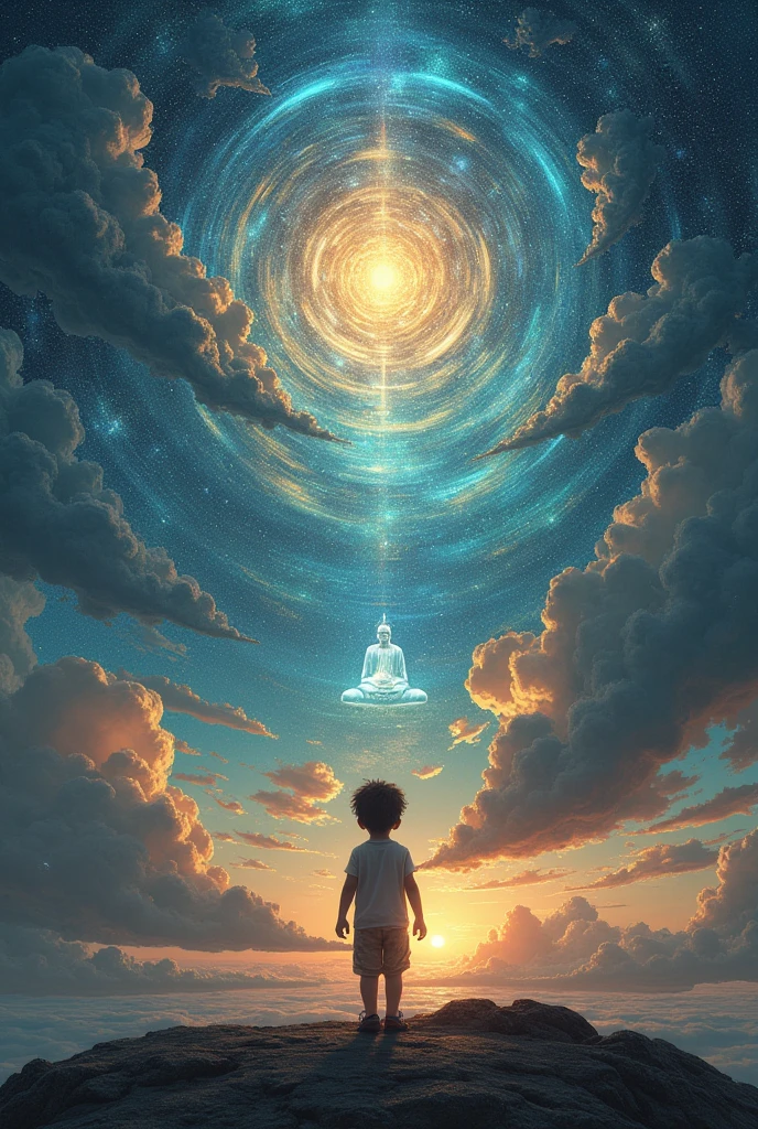 a child is looking to a paranoid multiverse from earth and buddha  is blessing at him  from starry universe 
