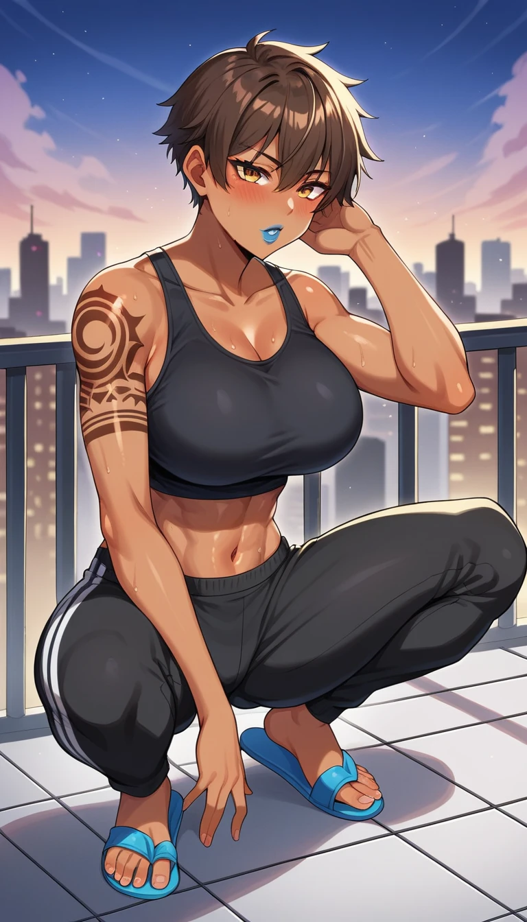 1girl, shiny skin, speedlines, perfect face, intricate details, score_9, score_8_up, score_7_up, rating_explicit, source_anime, Colored, Tomboy, Dark-skinned female, messy short hair, shiny brown hair, golden eyes, heavy blush, massive breasts, Hourglass figure, Athletic body, Slim-fit body, city area, balcony, at night, blue lipstick, arm tattoo, track pants, black midriff tank top, flip flops, squatting, sexy pose, illicit pose, provocative pose