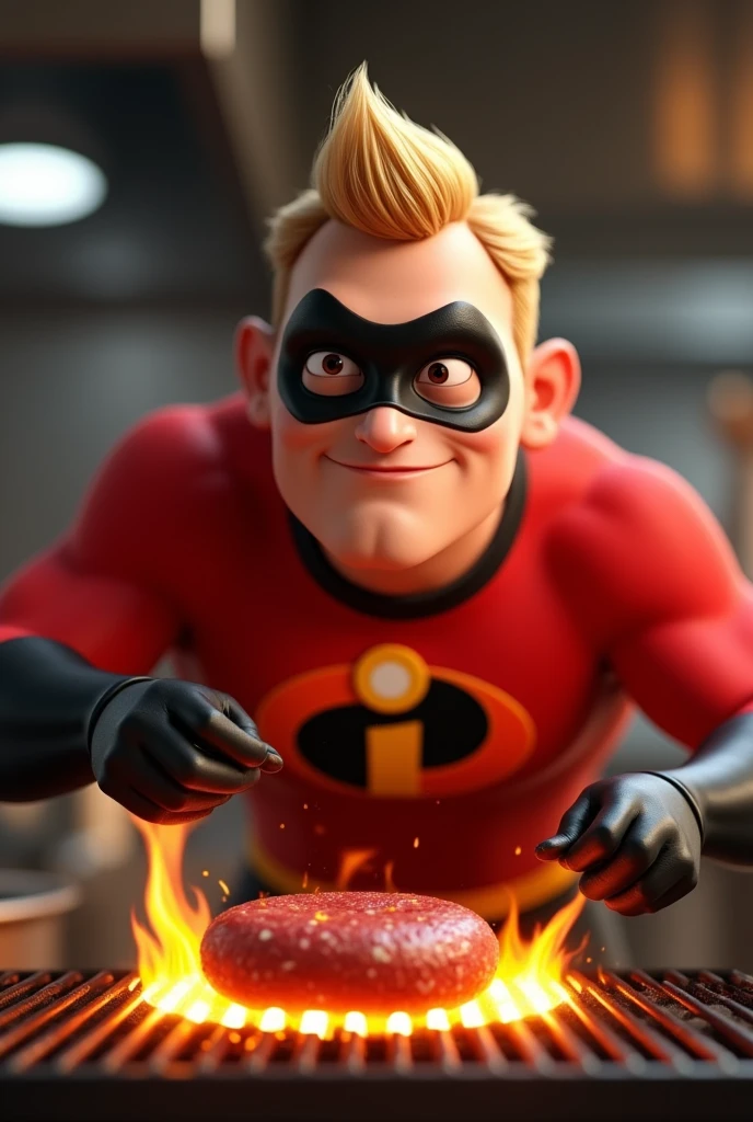 young male chef, dressed as The Incredibles, preparing hamburger meat on the grill 3D character rendering, cartoon character, Character from The Incredibles, character posing, (Pixar-style) (best qualityer) (skin detailed) (detailed texture) (8k) (Argilla) (cinematic lighting) (sharp focus