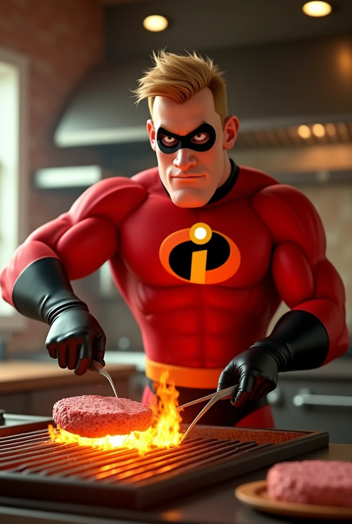 20 year old male chef, dressed as The Incredibles, preparing hamburger meat on the grill 3D character rendering, cartoon character, Character from The Incredibles, character posing, (Pixar-style) (best qualityer) (skin detailed) (detailed texture) (8k) (Argilla) (cinematic lighting) (sharp focus