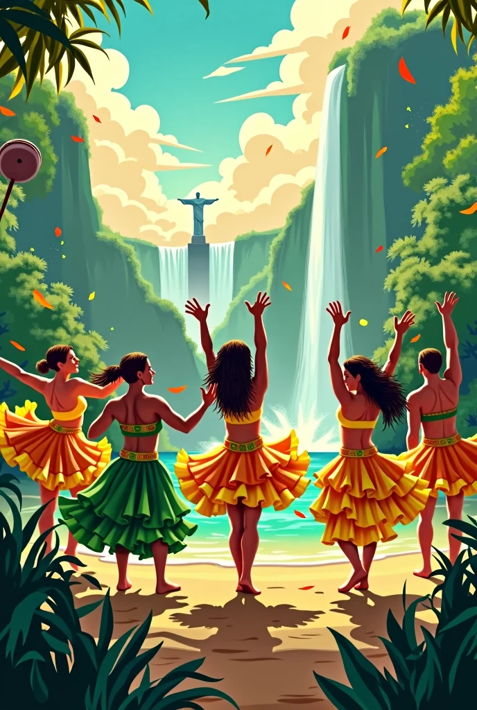 “Create a vibrant and festive image for a samba song that celebrates Brazilian culture. The image should include:

Samba Dancers: Show dancers in traditional samba costumes, with animated and expressive movements.
Iconic Landmarks: Include elements such as the Christ the Redeemer statue and the Iguazu Falls to highlight Brazil's natural beauty.
Festive Elements: Add confetti, streamers, and samba icons like tambourines and pandeiros to capture the carnival energy.
Bright Colors: Use a color palette of vibrant greens, yellows, and blues, representing the Brazilian flag.
Highlighted Text: The song title, ‘Celebrate Brazil with Samba!’, should be displayed in a large, eye-catching font at the top of the image.
Joyful Atmosphere: Convey a sense of joy and warmth, reflecting Brazilian hospitality and celebration.”