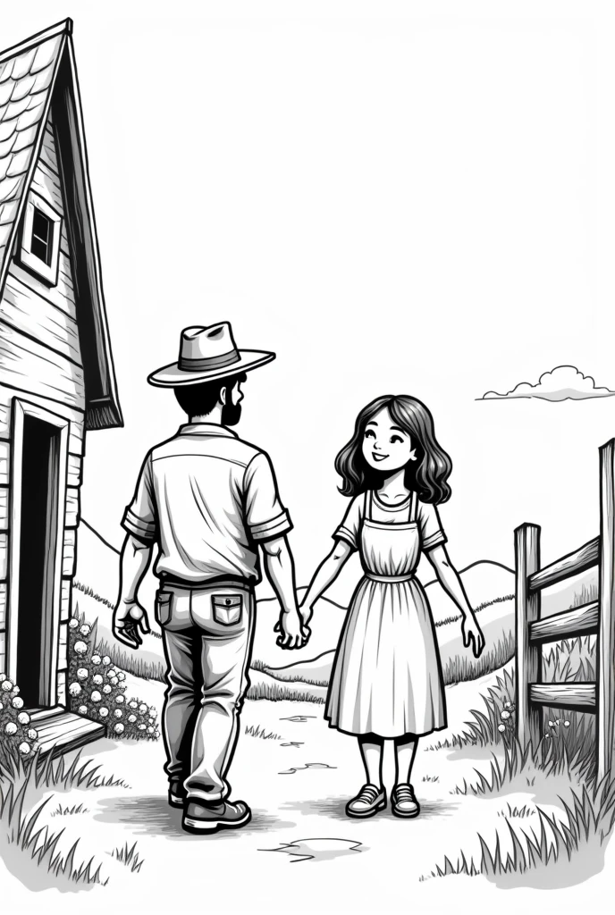 Create a black and white drawing type image ,that doesn't look realistic , about a farmer man returning home and a woman waiting for him outside his house, Put some scenery and stuff like that and make the woman smile as if she were going to talk and the man with his mouth as if he were going to talk. . But the woman is waiting for him at the door of the house, put your mouth on the man and the woman as if they were talking.