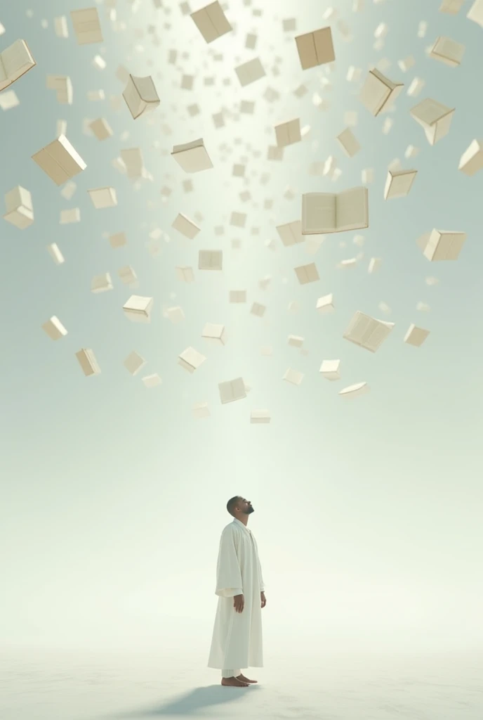 There's a man who wears white clothes like robes. , Stands on a flat ground full of white color , And the sky above it is white , He looks at the sky where there are thousands of books flying over him