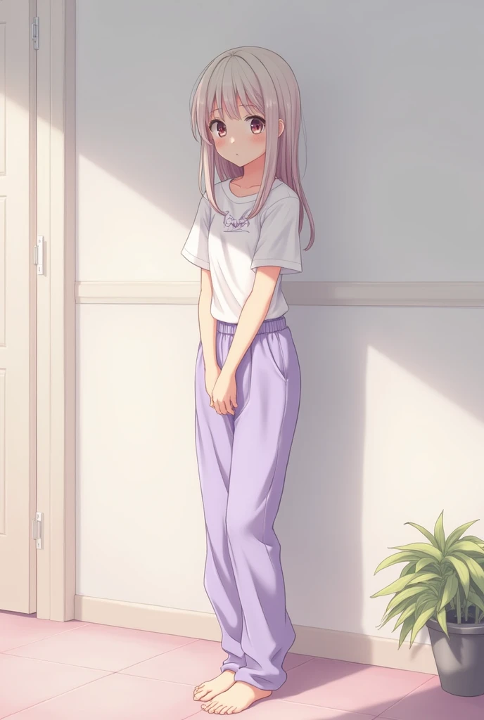 anime girl with in lavender pajama pants standing