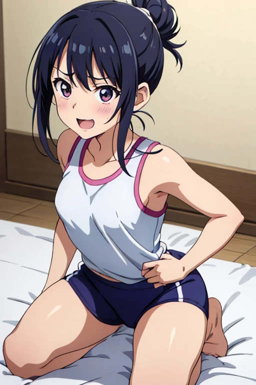 (Anime-style painting style), ((One person, Elementary school age), Small breasts, Excited face, Hair tied up with a hair band, Sportswear, Kneeling on a laid out mattress), (Training Room).