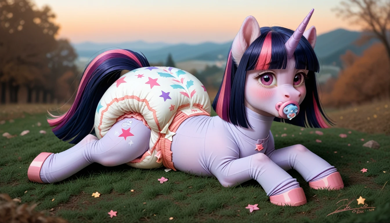 pony, purple unicorn, dark blue mane with purple streak and pink streak, the tail is dark blue with a purple strand and a pink strand, purple eyes, on the side close to the back hoof is a drawing of a pink star with six small stars around a central star, adult mare, sitting outside, dressed in an adult size bodysuit and booties, baby adult size pacifier in mouth, solo, thick diaper under clothes, pink blush on cheeks, Embarrassment, Awkwardness.