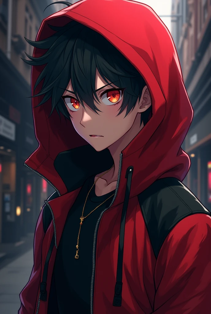 A guy in red and black hoody with challenging eyes anime