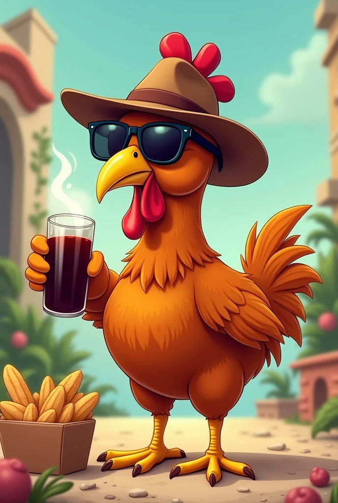 A brown chicken wearing a sunglasses and brown cowboy hat while drinking black juice and one wing is holding a box of food cartoon character.