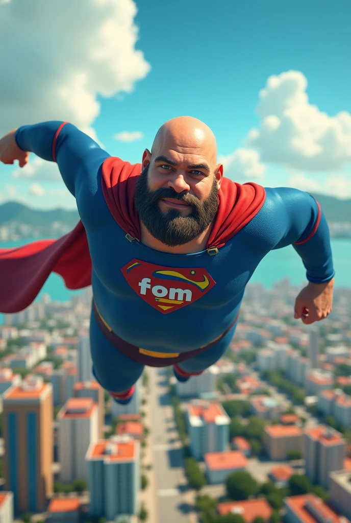 Create the image of a riverside superhero of approximately 40 years old, with a big belly, blue dress written "FROM", bald and with a very short beard, flying over the city of Una in Bahia