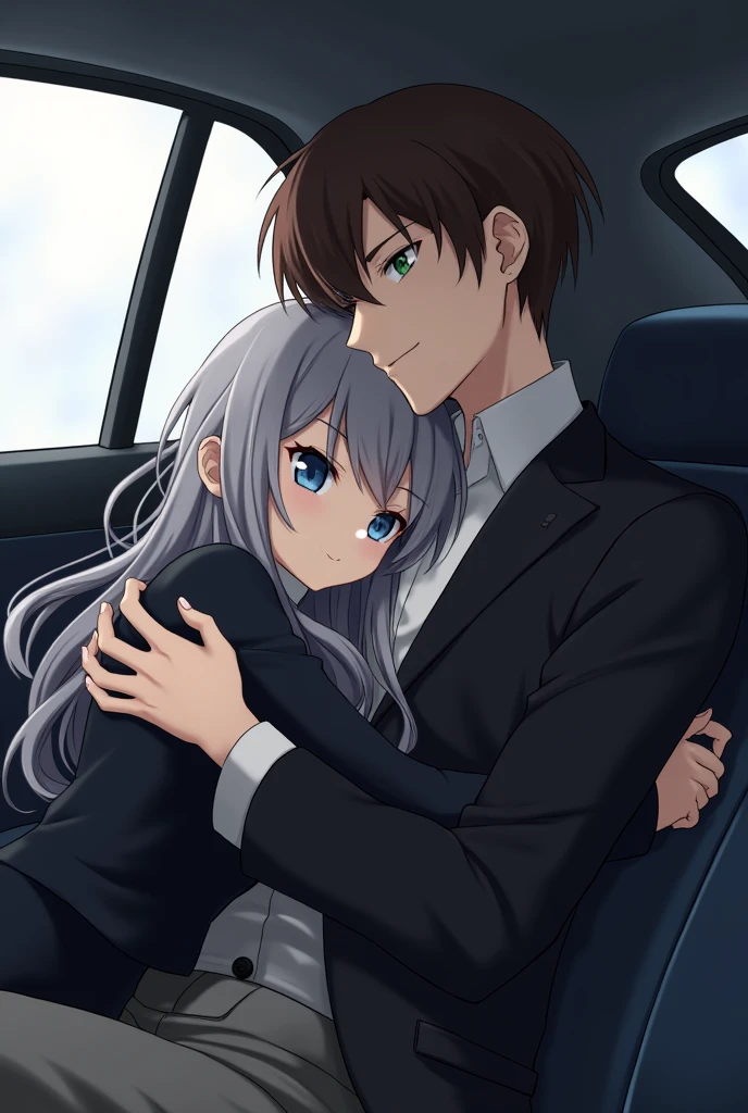 A 1 anime girl with long gray hair and blue eyes in black clothes is sitting in a car and resting her head on the chest of a 2 young man with brown hair, green eyes and sharp and serious features.