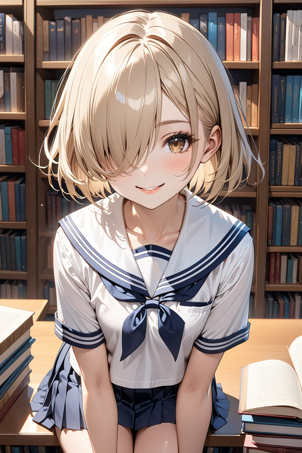 masterpiece,highest quality,32K,ultra detailed,young woman,flat chest,light brown eyes,light makeup,fair skin,shiny skin,happy smile,silky hair,hair over one eye,pixie cut,straight hair,beige hair,school uniform,sailor suit,short sleeve,library