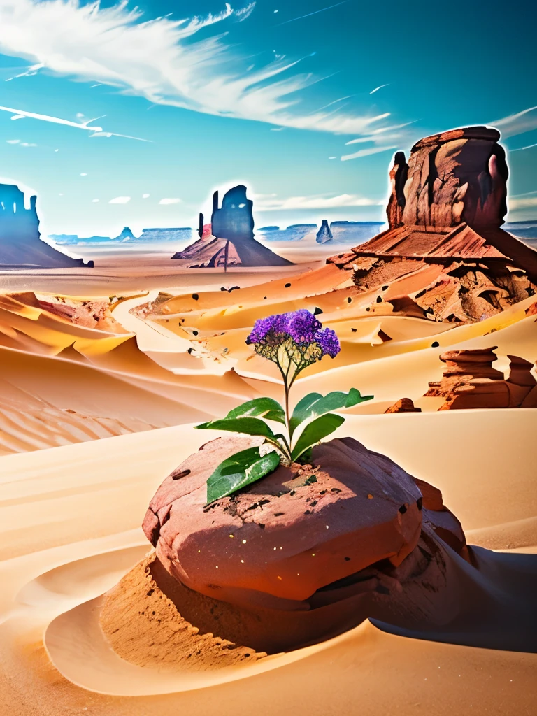 a close up of a flower growing in the sand near a rock, desert flowers, serene desert setting, australian wildflowers, monument valley, gigantic pillars and flowers, beautiful setting, style of monument valley, arizona desert, desert scenery, flowers in foreground, harmony of desert, gorgeous scenery, monument valley landscape, beautiful scenery, australian desert, extremely beautiful and ethereal, wild flowers
