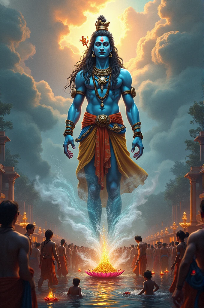 God shiv colourful , ganga flow from head, mant people prey , long
