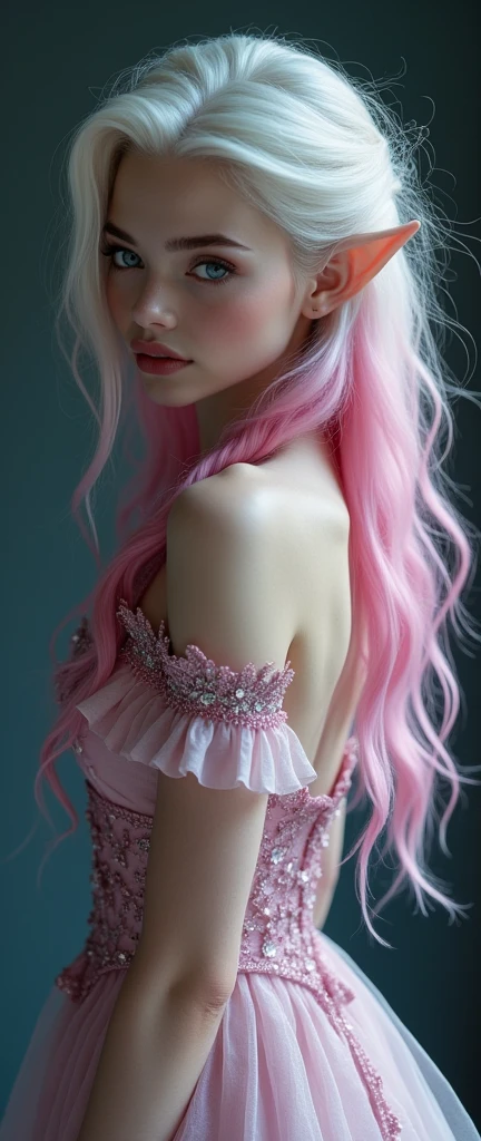 Create an image of the most stunningly gorgeous beautiful perfect sexy wicked ghost girl, Stunningly gorgeous perfect face,  (light dark makeup [[pink lipstick]], transparent off the shoulder crop top, perfect hour glass body figure, sexy mini skirt, thigh high stockings, high heels,