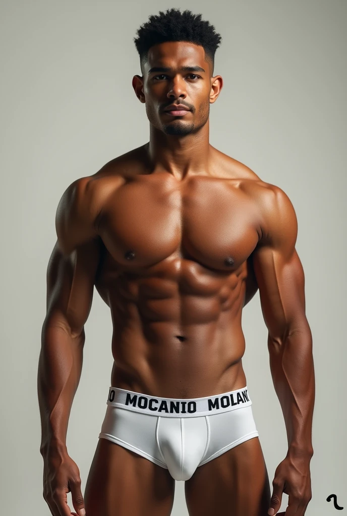 Create an image of a strong young man from Colombia in white underwear with “MOCANO” written in large capital letters on the elastic of his underwear..