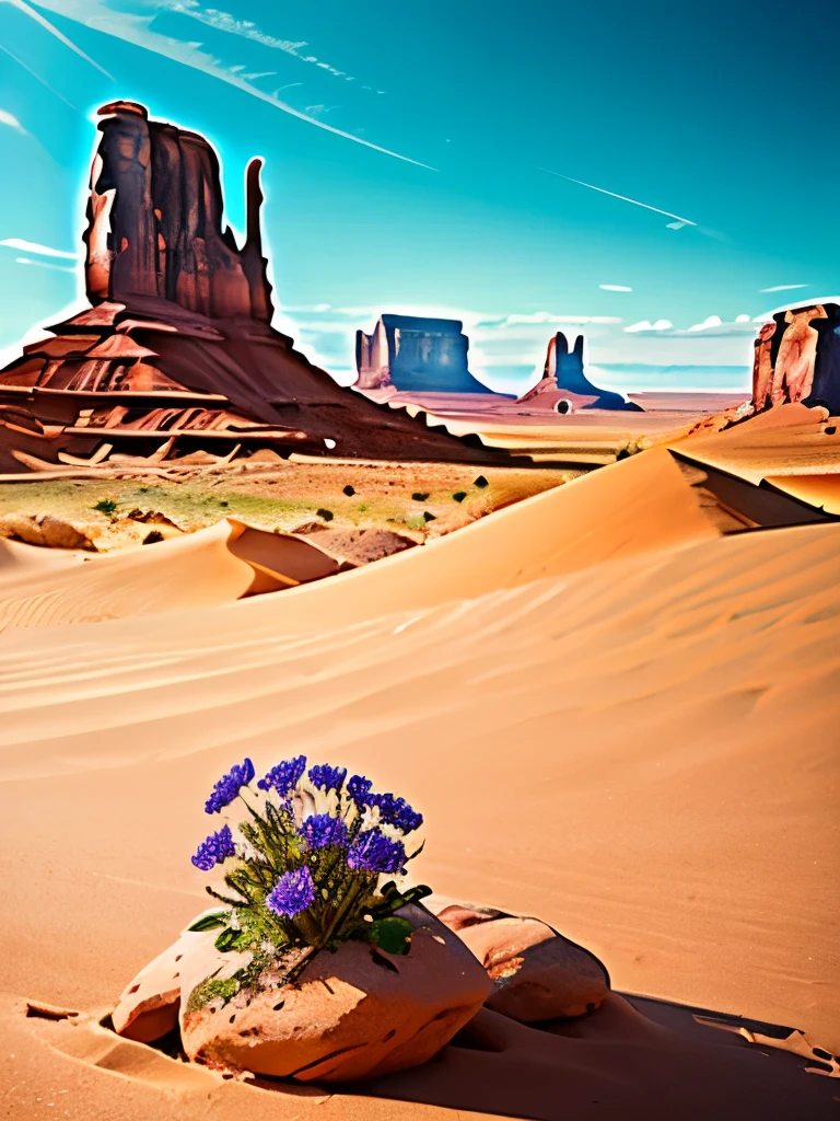 a close up of a flower growing in the sand near a rock, desert flowers, serene desert setting, australian wildflowers, monument valley, gigantic pillars and flowers, beautiful setting, style of monument valley, arizona desert, desert scenery, flowers in foreground, harmony of desert, gorgeous scenery, monument valley landscape, beautiful scenery, australian desert, extremely beautiful and ethereal, wild flowers
