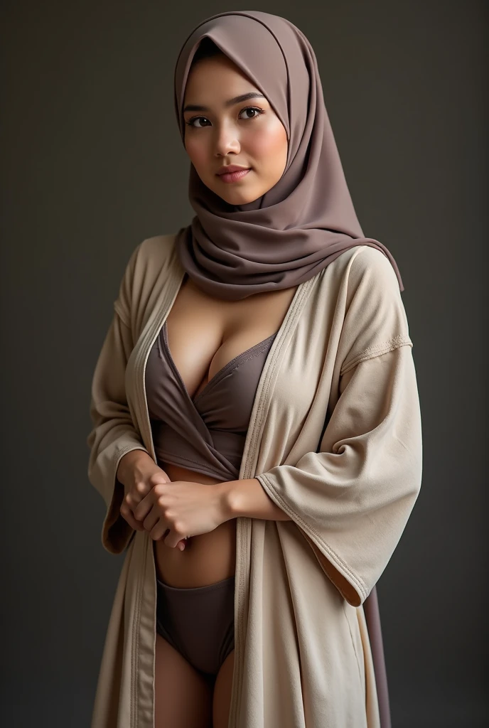 Indonesian girl wearing a hijab with a tight robe showing off her big breasts and plump butt