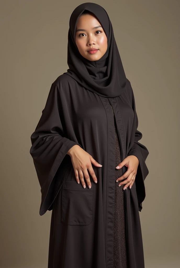 A beautiful Asian girl in a long hijab with tight and clearly visible breasts, With dark colored clothes, was Hugging herself , and good quality images