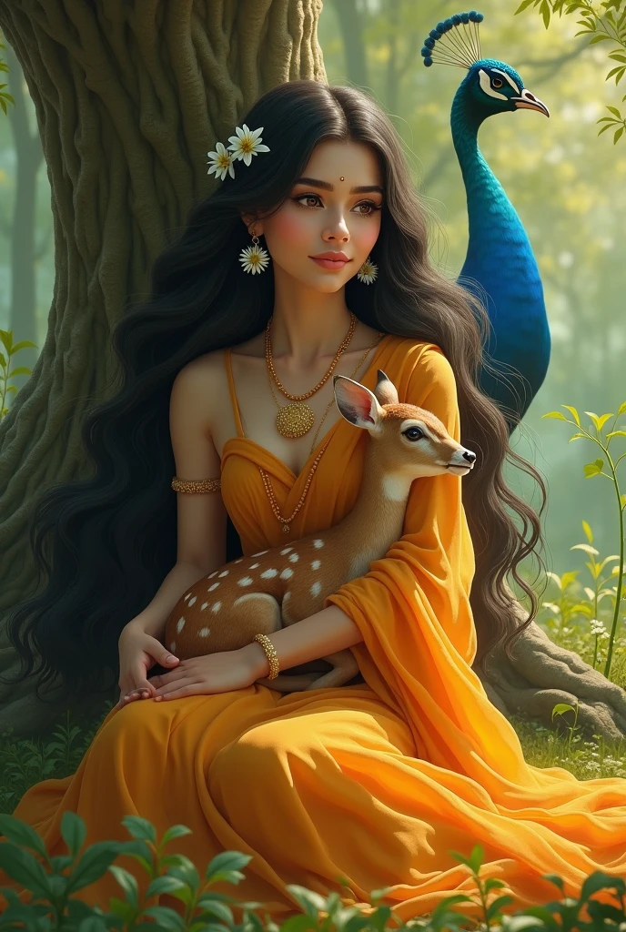 "Create a serene and ethereal image of a beautiful young woman sitting under a large, ancient tree. She has long, flowing dark hair adorned with white jasmine flowers, and she is dressed in a flowing saffron-colored saree. Her jewelry is traditional, including a nose ring, earrings, and an ornate necklace. She holds a small, delicate fawn close to her, with a gentle and loving expression. In the background, include a majestic peacock with vibrant blue and green feathers. The scene should be set in a lush, tranquil forest with soft lighting, creating a peaceful and spiritual atmosphere. The overall color palette should be soft with green, orange, and blue hues, emphasizing the calm and divine nature of the sce