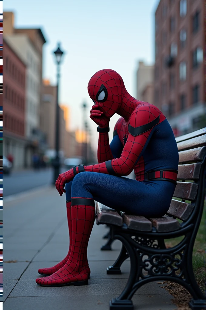  Spider man sitting on a bench and thinking, 