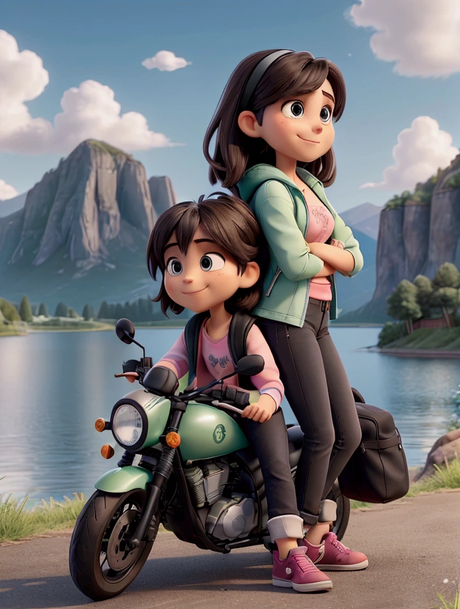 A smiling young couple is sitting on a black motorcycle parked in a natural landscape by a lake. the man, with short dark hair, He is wearing a blue denim jacket, a light pink t-shirt and dark pants. He is in front, holding the handlebars of the motorcycle. The woman, with long straight hair, She is wearing a white long-sleeved blouse with black dots, Skinny jeans and pink sneakers. She is sitting behind the man, with one hand on her shoulder and the other on her waist, showing complicity and closeness.
The motorcycle is a Honda sports model, with black and silver details, and carries a large black backpack with a dark green sleeping bag tied to the back. The scene is set in a green meadow with a panoramic view of a calm lake in the background., Surrounded by gentle mountains and under a cloudy sky with diffuse light that highlights the natural landscape. In the water of the lake, Small boats are seen floating, and in the background, The mountains are covered with green vegetation and some darker areas. The atmosphere is calm and relaxed, Capturing a moment of adventure and connection in nature