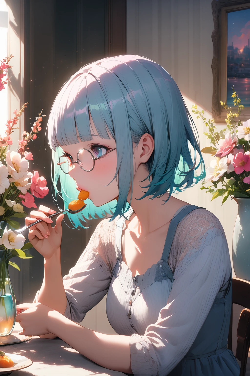 (extremely detailed fine touch:1.3), Vibrant colors, Soft tones, With warm and gentle lighting, girl, solo, (((silver semi-rimless round eyewear:1.3))), short hair, blunt bangs, profile, eating food, sucking fork, pink lips, vase with flowers, 
