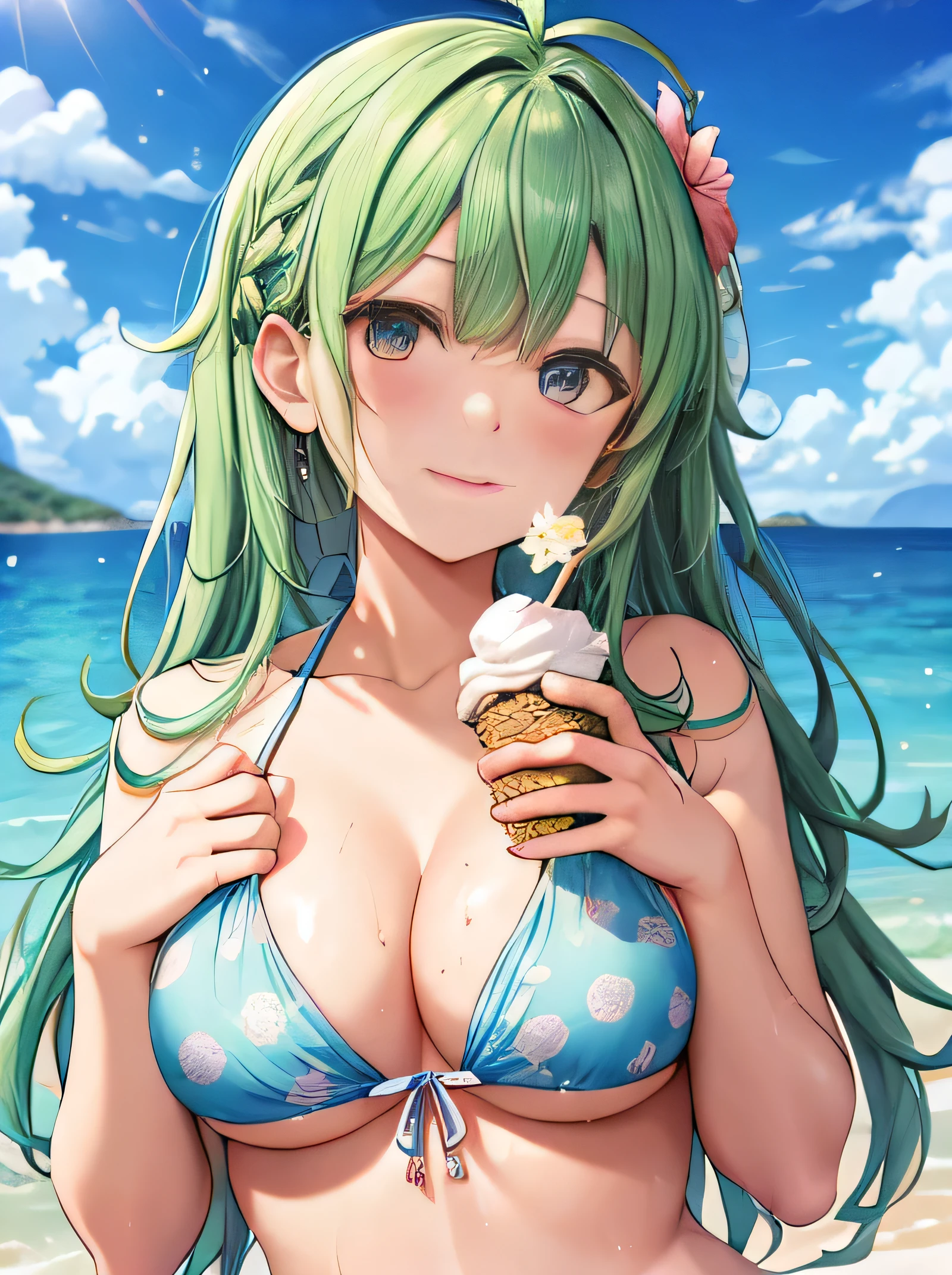 vanilla, ice cream, melt, big boob, wet shirt, see through, bikini, flower, sweaty, cute face, small face, summer, long hair, green hair, girl, sweaty, blue ocean, blue sky