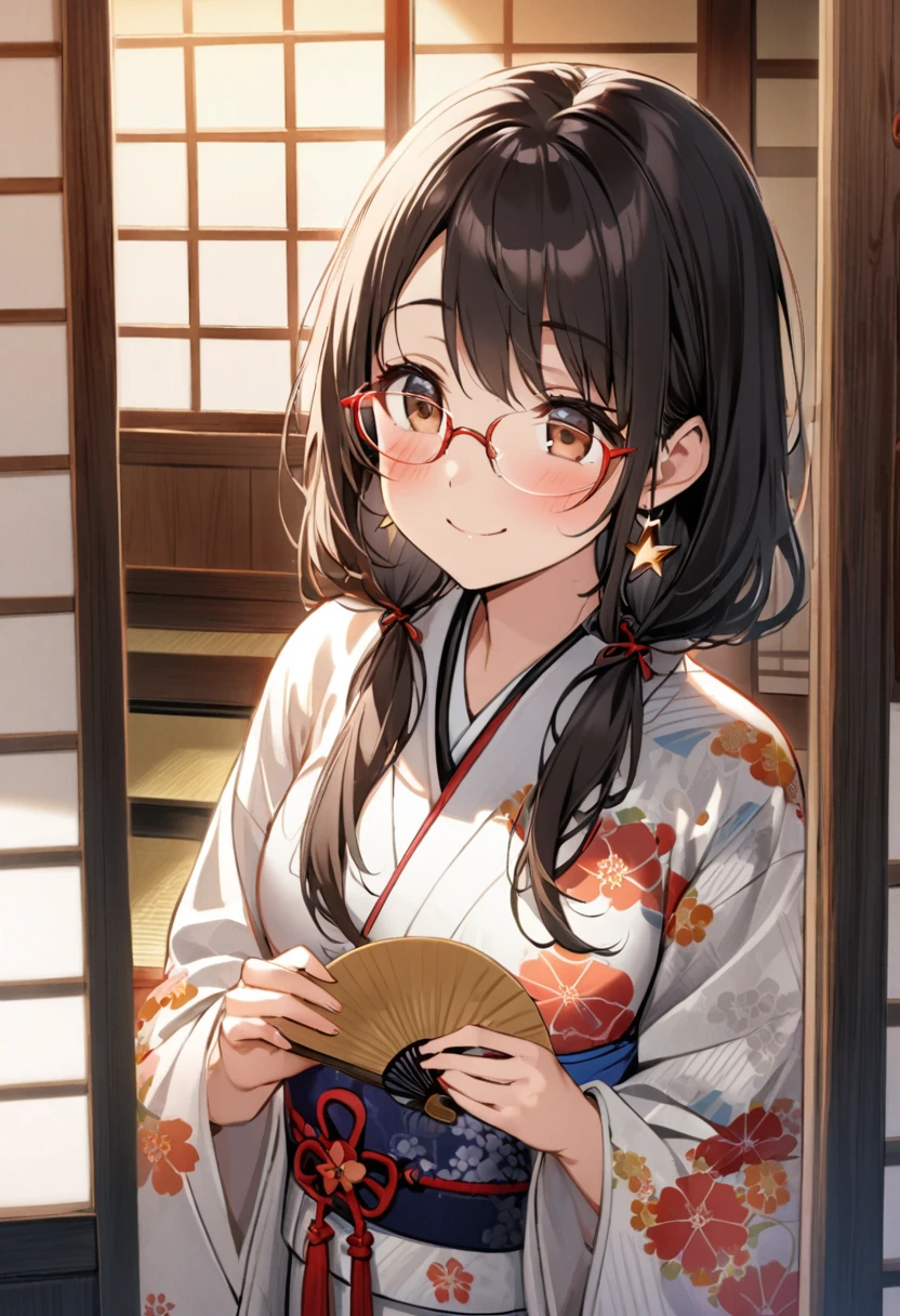 1girl, 17yo, brown eyes are shining and cute, black hair, long hair, tareme, (red-rimless eyewear:1.2), star earrings, medium breasts, smile, blushful,
A young Japanese woman wearing a light blue and white yukata with a floral pattern sits by the window, holding (the handle of a traditional Japanese paper fan:1.4). Long, dark hair frames her gentle expression. The warm glow of the sunset fills the traditional Japanese room as the crickets chirp outside.