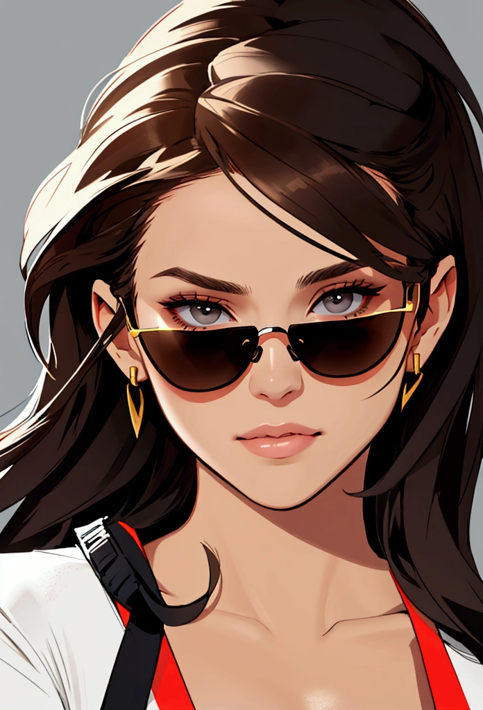 Create profile of young woman with dark brown hair looking straight ahead with chin up, to wear black sunglasses, that your entire head is visible and nothing is left out of the frame