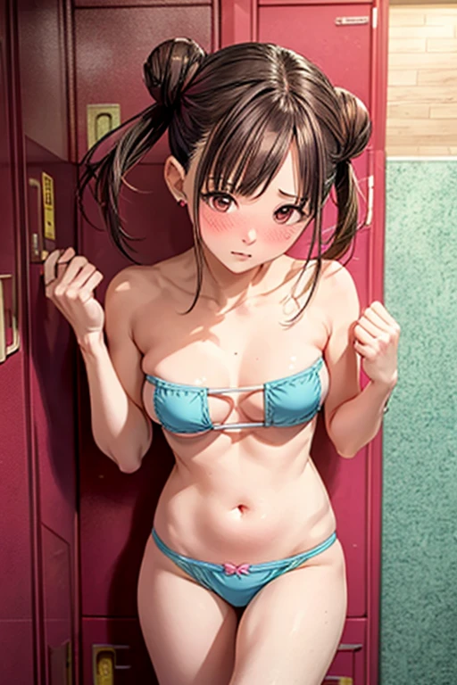 masterpiece, Highest quality, 1 person, Adult female、(locker room、Change of clothes)、grandmother, double bun, Twin tails、(Small bikini,)、Big Breasts、belly button、blush、Troubled expression、accessories　(from above:1.6)、　((Look away))